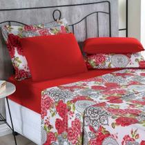 Jogo De Cama Malha Lençol 100% Algodão Primavera 4 Peças King - Floral Vermelho