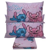 Jogo de Cama Portallar Casal Malha Mista Joy Disney Stitch e Angel Love 03 Peças Rosa