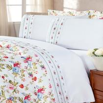 Jogo de Cama Queen Belize Floral Azul e Vermelho Enxovais Aquarela 4 peças