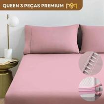 Jogo De Cama Queen C/ Elástico 3 Peças 400 Fios Fronha Ponto Palito Toque Suave Macio Premium Cor Rose