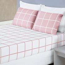 Jogo De Cama Queen Dupla Face Grid Micro Percal 200 Fios Austin 3 Pçs Rosa