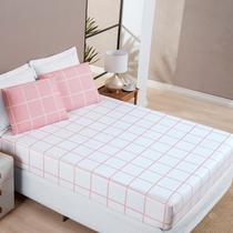 Jogo De Cama Queen Dupla Face Grid Micro Percal 200 Fios Austin 3 Pçs Rosa