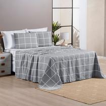 Jogo De Cama Queen Dupla Face Grid Micro Percal 200 Fios Austin 4 Pçs Cinza