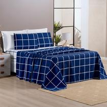 Jogo De Cama Queen Dupla Face Grid Micro Percal 200 Fios Austin 4 Pçs Marinho