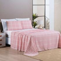 Jogo De Cama Queen Dupla Face Grid Micro Percal 200 Fios Austin 4 Pçs Rosa
