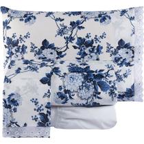 Jogo de Cama Queen Fascínio 100% Algodão 04 Peças - Floral Azul/Branco