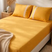 Jogo de Cama Queen Malha de Algodão 3 peças Amarelo Mostarda