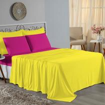 Jogo de Cama Queen Nobre 4 Peças Lençol com Elástico de 30cm de Altura Malha 100% Algodão - Amarelo / Pink Jogo de Cama Queen Nobre 4 Peças Lençol com Elástico de 30cm de Altura Malha 100% Algodão - Amarelo / Pink