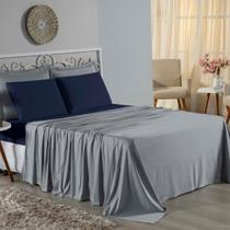 Jogo de Cama Queen Nobre 4 Peças Lençol com Elástico de 30cm de Altura Malha 100% Algodão - Cinza / Azul-Marinho