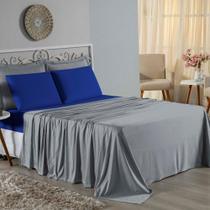 Jogo De Cama Queen Nobre 4 Peças Lençol Com Elástico De 30cm De Altura Malha 100% Algodão - Cinza / Royal Jogo De Cama Queen Nobre 4 Peças Lençol Com Elástico De 30cm De Altura Malha 100% Algodão - Cinza / Royal