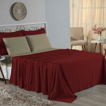 Jogo De Cama Queen Nobre 4 Peças Lençol Com Elástico De 30cm De Altura Malha 100% Algodão - Vinho / Avelã