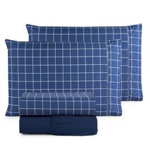 Jogo de Cama Refúgio Casal Percal Algodão Luxo 4 Peças Grid Azul