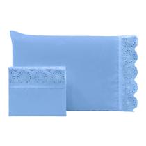 Jogo de cama solteiro bordado inglês - corações abertos azul claro