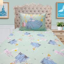 Jogo de Cama Solteiro Infantil com Elástico 2 Peças Verde Disney Princesa Cinderela