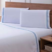 Jogo de Cama Solteiro Percal 300 Fios Bordado Festonê 3 Peças Branco/Indigo