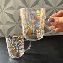Jogo de caneca de vidro decorada com flores 2 peças Lyor 200ml kit conjunto canecas xícaras xicara café chá leite flor