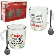 Jogo De Caneca De Vidro P Cafe Cappuccino Frases+colher C 4 Pcs 250ml Na Caixa Jogo De Caneca De Vidro P Cafe Cappuccino Frases+colher C 4 Pcs 250ml Na Caixa