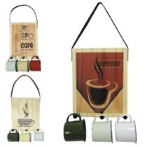 Jogo de caneca esmaltada agata 3 pecas 100ml + suporte de madeira e alca estampas sortidas