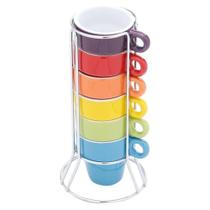 Jogo De Canecas 50Ml Cerâmica 6 Peças Suporte Inox Café Chá