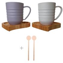 Jogo de Canecas com Pires Coração e Mexedores Madeira / Bambu 6 Peças Lyor