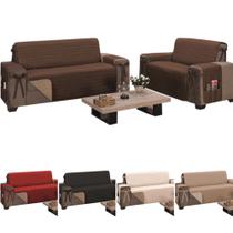 Jogo de capa para sofá king de 2 e 3 lugares fixo ou reclinável em algodão em dupla face premium + porta objetos + laços de fixação largura dos assent