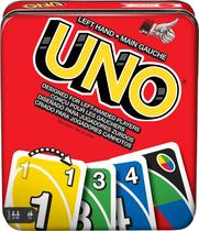Jogo de cartas Mattel Games UNO para família canhota com caixa de lata