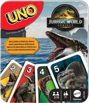 Jogo de cartas UNO Jurassic World Rebirth da Mattel Games em lata