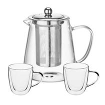 Jogo de Chaleira Vidro com Infusor + 2 Xicaras Dupla Camada