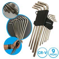Jogo de Chave Torx Longa T10 à T50 Tork Torque Tipo L Com Furo Guia Vanádio 9 Peças Extra Longo Niquelado