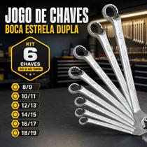 Jogo de Chaves Boca Estrela Dupla Deslocada Profissional Cromado 6 Peças do 8 ao 19mm Jogo de Chaves Boca Estrela Dupla Deslocada Profissional Cromado 6 Peças do 8 ao 19mm