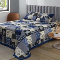 Jogo de Cobre Leito Casal 3 peças com Franja para Colchão 20cm Altura Azul Patchwork