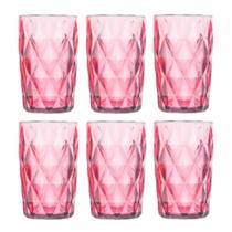 Jogo de copo de vidro diamond decorado rosa com 6 peças -350ml