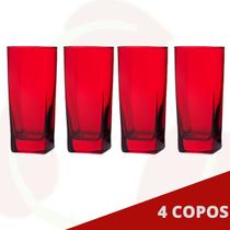 Jogo de Copo Vidro Bali 320ml Quadrado Vermelho Agua - 4Un