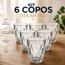 Jogo de Copos 6 Peças Vidro Diamond 300ml Transparente Cristal Água Suco