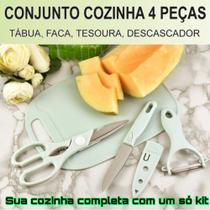 Jogo de Cozinha Completo Kit 4 Peças Tesoura Faca Descascador Tábua de Carne Frutas e Legumes