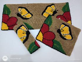 Jogo de cozinha frufru de flor vermelha com borboleta amarela - 3 peças - etc e tal artesanato