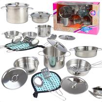 Jogo De Cozinha Infantil inox 3 Panelas Com 2 Tampas E Talheres
