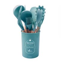 Jogo de Cozinha Kit C/12 Peças de Silicone Utensílios Copo Suporte para Cozinha Cabo de Madeira Pegador Pincel Fue Foet