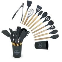 Jogo de Cozinha Kit C/12 Peças de Silicone, Utensílios e Copo Suporte para Cozinha Cabo de Madeira Jogo de Cozinha Kit C/12 Peças de Silicone, Utensílios e Copo Suporte para Cozinha Cabo de Madeira