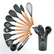 Jogo de Cozinha Kit C/12 Peças Utensílios de Cozinha em Silicone e Cabo de Madeira Antiaderentes - Para Cozinha