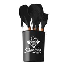 Jogo de Cozinha Kit C/8 Peças de Silicone, Utensílios e Copo Suporte para Cozinha Cabo de Madeira - 123util