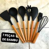 Jogo de Cozinha Kit Peças de Silicone Utensílios Cabo de Madeira Bambu