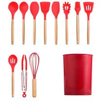 Jogo de Cozinha Silicone 12 Peças Concha Espatula Pegador Colher Escumadeira Talheres Conjunto Utensilio Multiuso Preparo Refeiçao Suporte Manuseio A