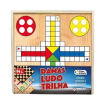 Jogo de Damas, Ludo e Trilha 3 em 1 com Caixa de Madeira Pais e Filhos - 2212-1