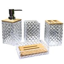 Jogo de Dispenser 320ml para Lavabo em Plástico PS e Bambu Jogo de Dispenser 320ml para Lavabo em Plástico PS e Bambu