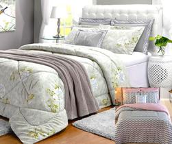 Jogo de edredom pra cama queen 7 pçs com portas travesseiro 2 faces floral cinza