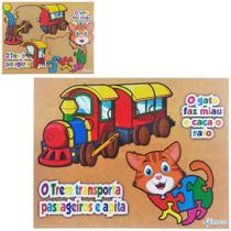 jogo de encaixe didatico trem e gato de madeira mdf com 13 pecas 31x24cm - CONECTA