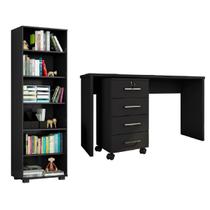 Jogo De Escritório Com Mesa Gaveteiro e Estante Encanto Preto Móveis Leartam