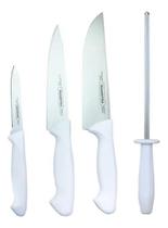 Jogo De Faca Carne Cozinha Churrasco + Afiador 4Pç Branco