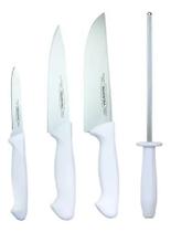 Jogo De Faca Para Carne Cozinha Churrasco + Afiador 4pç Branco